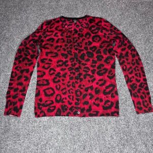 Talbots Petite Red Leopard Print 100% Merino Wool Button Front Cardigan